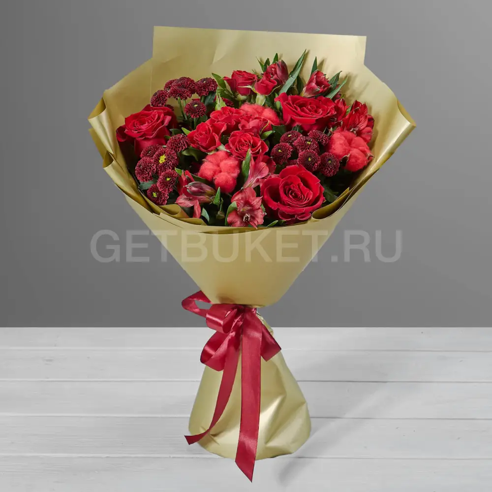 211718 Букет из роз, хризантем и альстромерии с хлопком