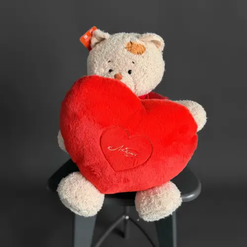 Мягкая игрушка Кошка Мэри в красном платье с сердцем подушкой 