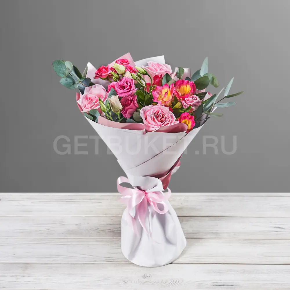 166854 Букет из розовых эустом, кустовых роз и альстромерий