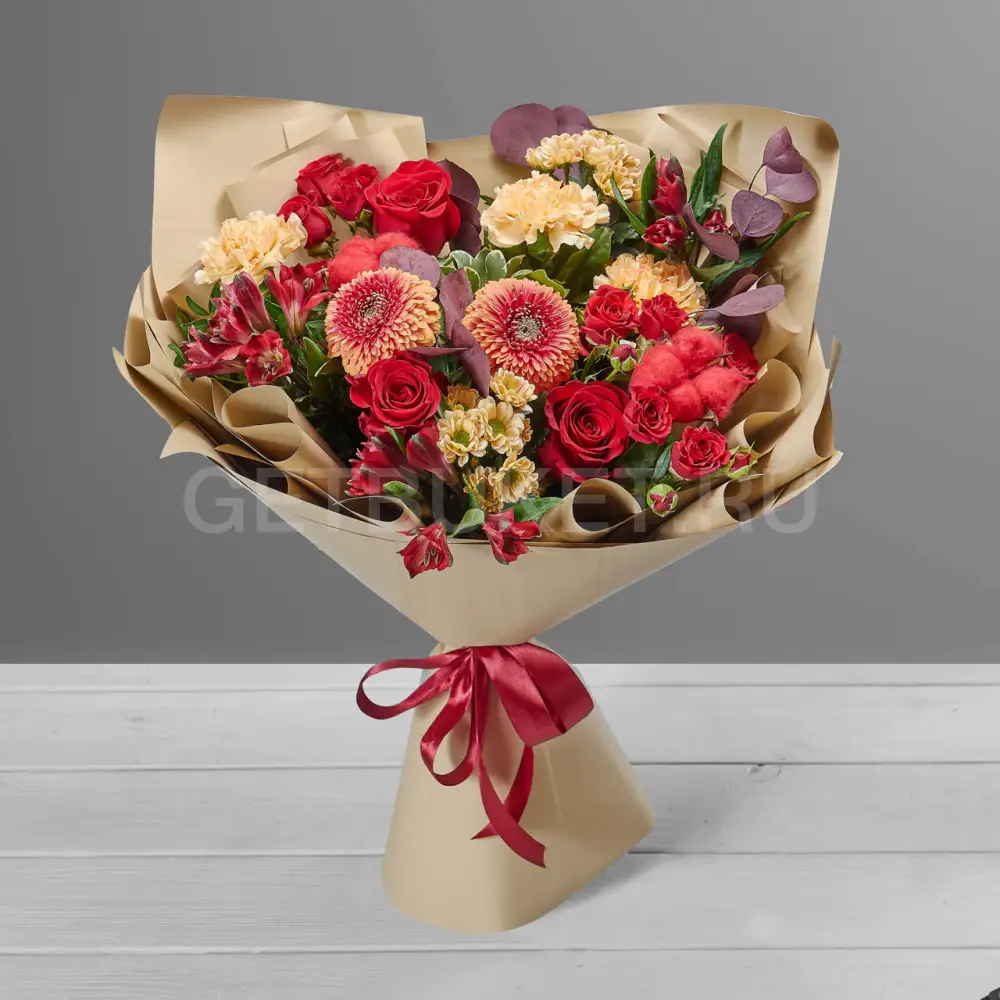 211663 Букет из роз, гербер и альстромерии с хлопком